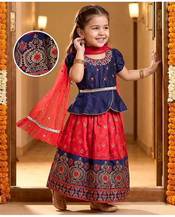 Babyhug Woven Half Sleeves Choli Lehenga Set & Dupatta With Sequin Floral Embroidery & Lace Detailing - Red