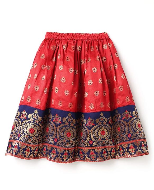 Babyhug Woven Half Sleeves Choli Lehenga Set & Dupatta With Sequin Floral Embroidery & Lace Detailing - Red