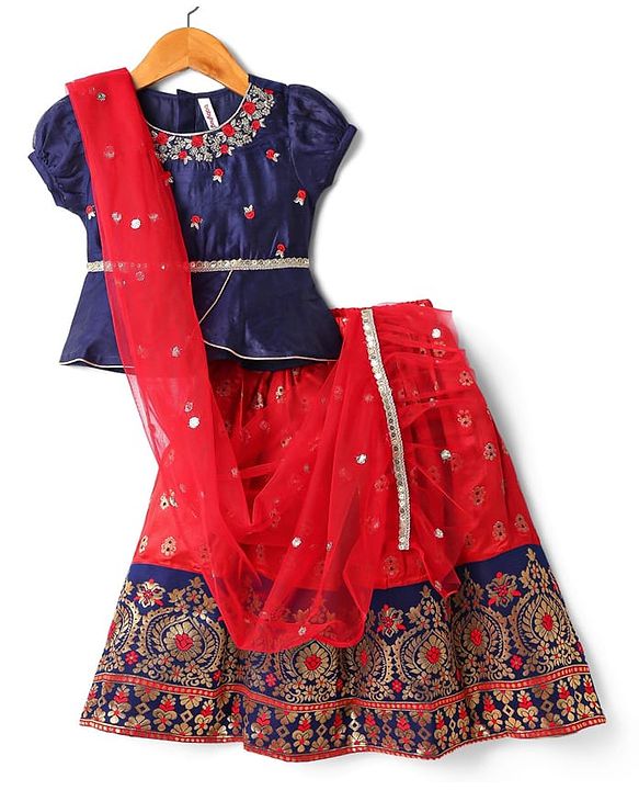 Babyhug Woven Half Sleeves Choli Lehenga Set & Dupatta With Sequin Floral Embroidery & Lace Detailing - Red