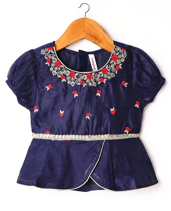 Babyhug Woven Half Sleeves Choli Lehenga Set & Dupatta With Sequin Floral Embroidery & Lace Detailing - Red