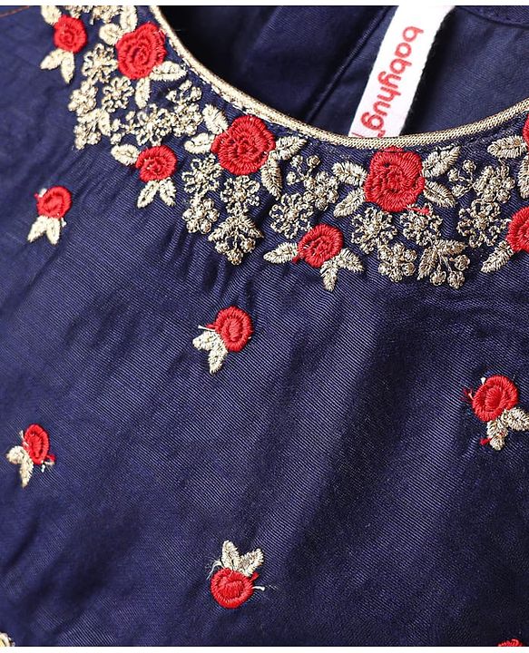 Babyhug Woven Half Sleeves Choli Lehenga Set & Dupatta With Sequin Floral Embroidery & Lace Detailing - Red