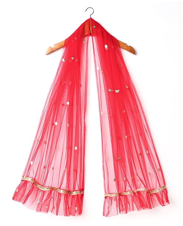 Babyhug Woven Half Sleeves Choli Lehenga Set & Dupatta With Sequin Floral Embroidery & Lace Detailing - Red