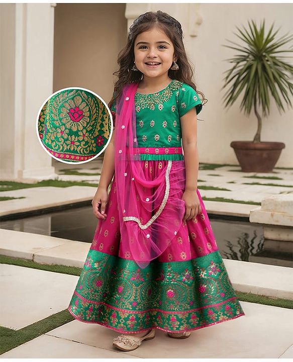 Babyhug Woven Half Sleeves Choli Lehenga Set & Sequinned Dupatta With Floral Embroidery & Lace Detailing - Fuchsia