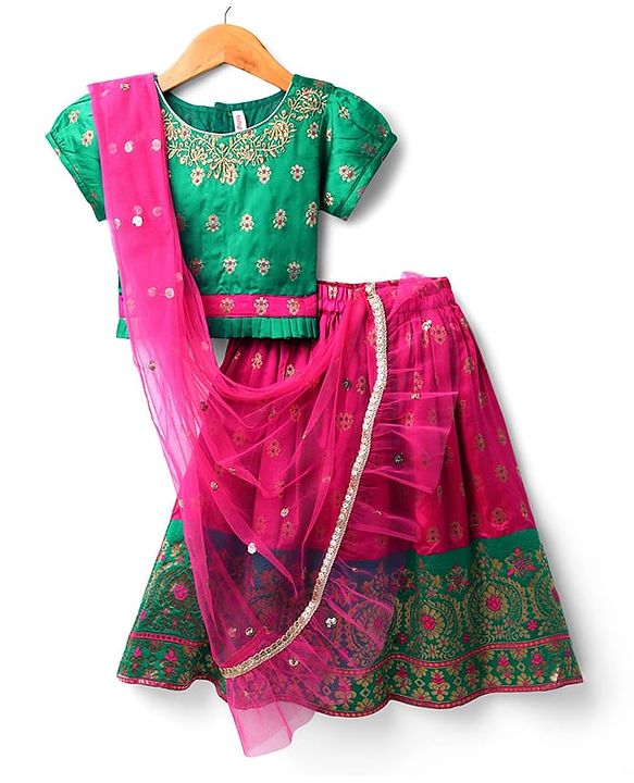 Babyhug Woven Half Sleeves Choli Lehenga Set & Sequinned Dupatta With Floral Embroidery & Lace Detailing - Fuchsia