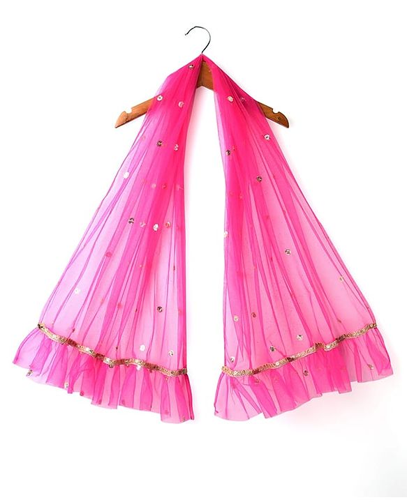 Babyhug Woven Half Sleeves Choli Lehenga Set & Sequinned Dupatta With Floral Embroidery & Lace Detailing - Fuchsia
