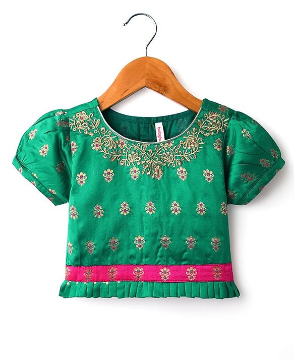 Babyhug Woven Half Sleeves Choli Lehenga Set & Sequinned Dupatta With Floral Embroidery & Lace Detailing - Fuchsia