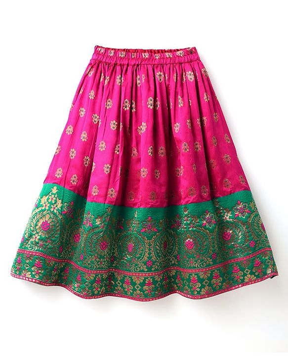 Babyhug Woven Half Sleeves Choli Lehenga Set & Sequinned Dupatta With Floral Embroidery & Lace Detailing - Fuchsia
