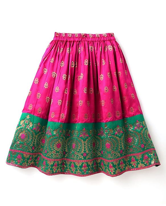 Babyhug Woven Half Sleeves Choli Lehenga Set & Sequinned Dupatta With Floral Embroidery & Lace Detailing - Fuchsia