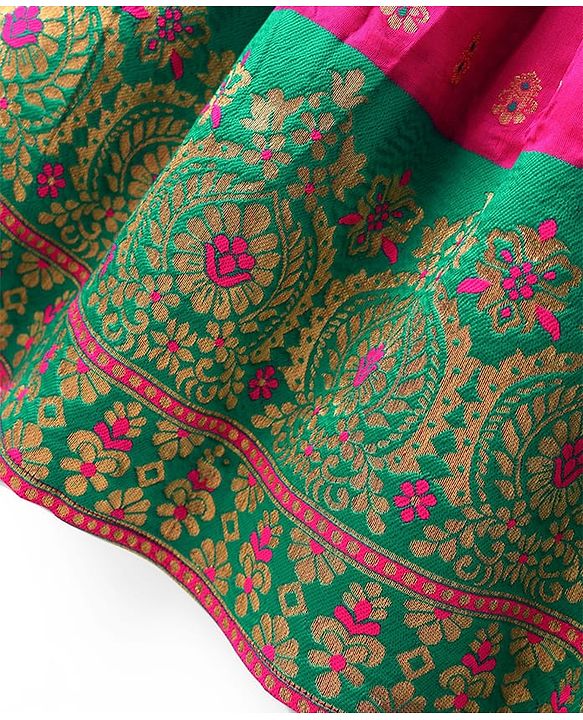Babyhug Woven Half Sleeves Choli Lehenga Set & Sequinned Dupatta With Floral Embroidery & Lace Detailing - Fuchsia