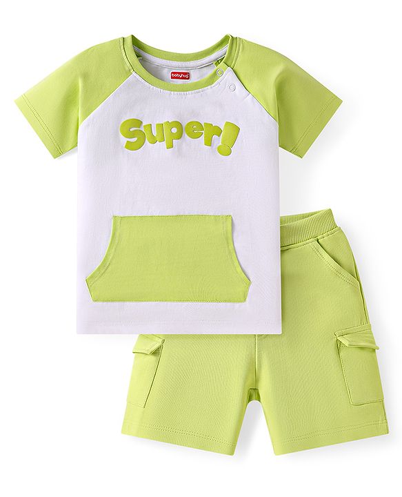 Babyhug Single Jersey Knit Raglan Sleeves T-Shirt & Shorts with Kangaroo Pockets - Light Green