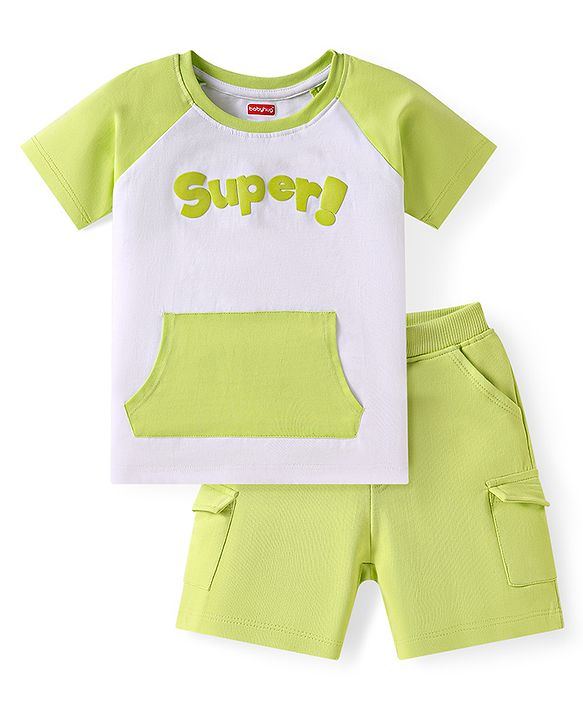 Babyhug Single Jersey Knit Raglan Sleeves T-Shirt & Shorts with Kangaroo Pockets - Light Green