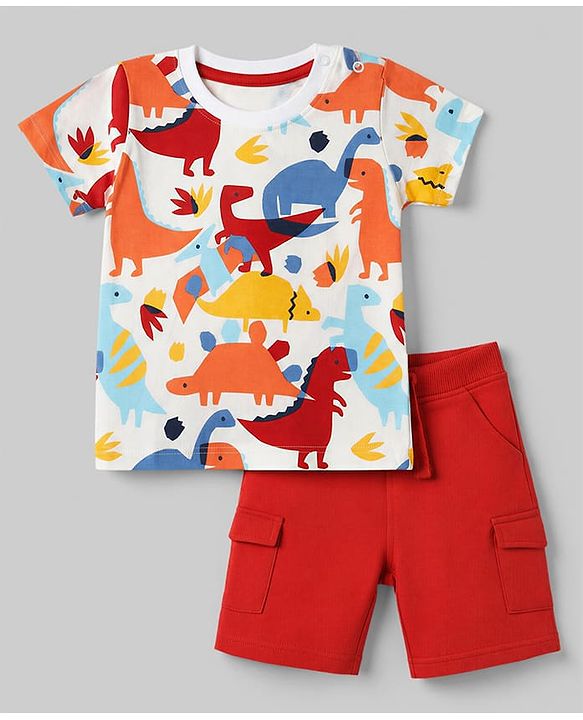Babyhug Single Jersey Knit Dino Printed T-Shirt & Shorts Set - White & Red