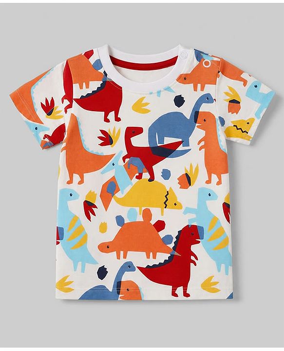 Babyhug Single Jersey Knit Dino Printed T-Shirt & Shorts Set - White & Red