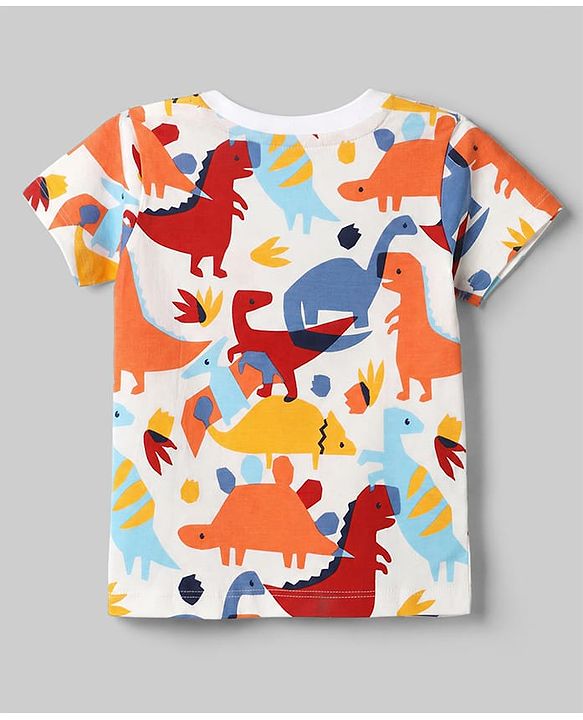 Babyhug Single Jersey Knit Dino Printed T-Shirt & Shorts Set - White & Red