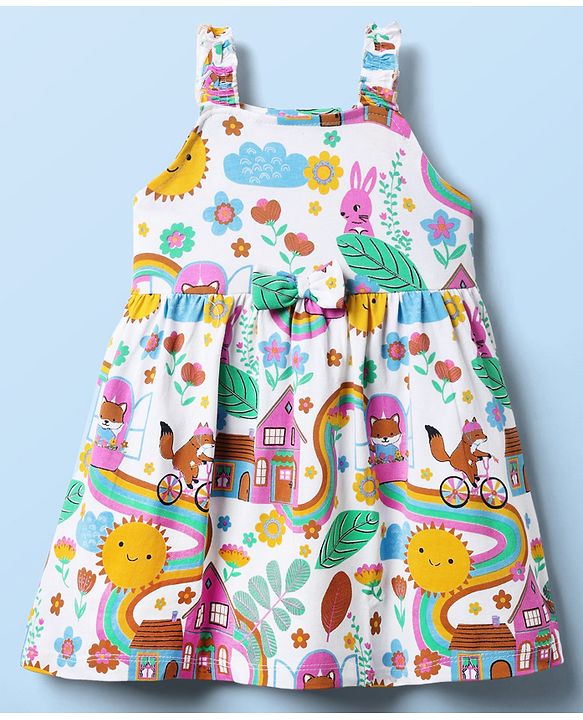 Babyhug Single Jersey Knit Sleeveless Frock With Animal & Floral Print & Bow Applique - White