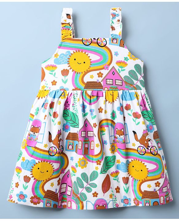 Babyhug Single Jersey Knit Sleeveless Frock With Animal & Floral Print & Bow Applique - White