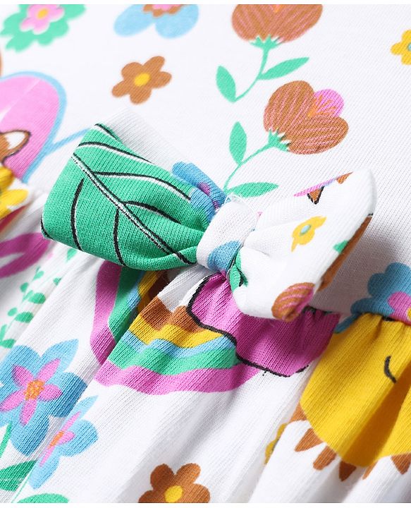 Babyhug Single Jersey Knit Sleeveless Frock With Animal & Floral Print & Bow Applique - White