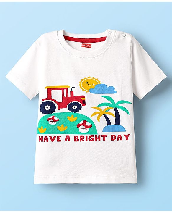 Babyhug Single Jersey Knit Half Sleeves Printed T-Shirt & Striped Shorts Set - White & Red