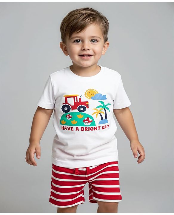 Babyhug Single Jersey Knit Half Sleeves Printed T-Shirt & Striped Shorts Set - White & Red