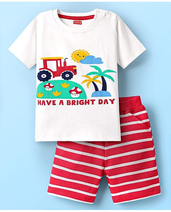 Babyhug Single Jersey Knit Half Sleeves Printed T-Shirt & Striped Shorts Set - White & Red