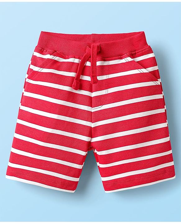 Babyhug Single Jersey Knit Half Sleeves Printed T-Shirt & Striped Shorts Set - White & Red