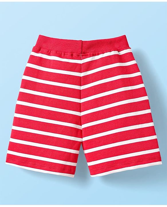 Babyhug Single Jersey Knit Half Sleeves Printed T-Shirt & Striped Shorts Set - White & Red