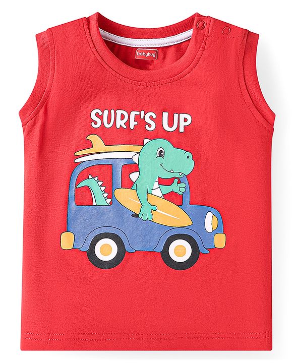 Babyhug Single Jersey Knit Sleeveless T-Shirt & Shorts Set with Beach Theme Print - Red & Blue