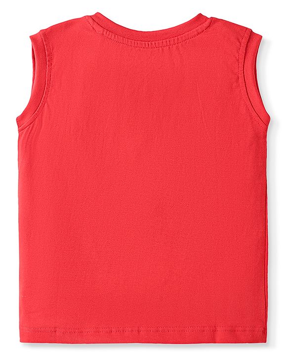 Babyhug Single Jersey Knit Sleeveless T-Shirt & Shorts Set with Beach Theme Print - Red & Blue
