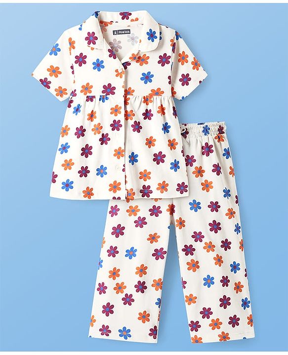 Pine Kids Cotton Knit Half Sleeves Capri Night Suit With Floral Print - White