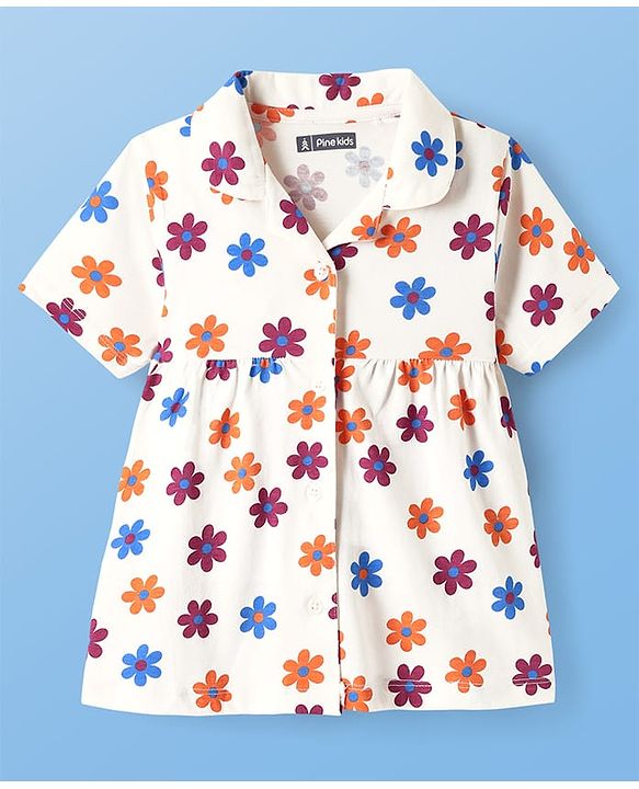 Pine Kids Cotton Knit Half Sleeves Capri Night Suit With Floral Print - White