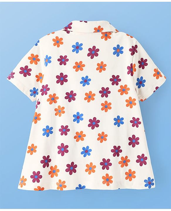 Pine Kids Cotton Knit Half Sleeves Capri Night Suit With Floral Print - White