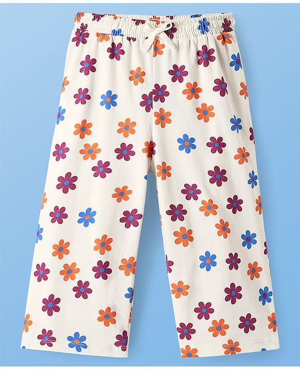 Pine Kids Cotton Knit Half Sleeves Capri Night Suit With Floral Print - White