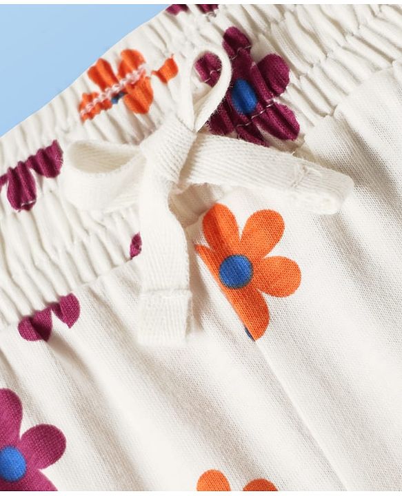 Pine Kids Cotton Knit Half Sleeves Capri Night Suit With Floral Print - White