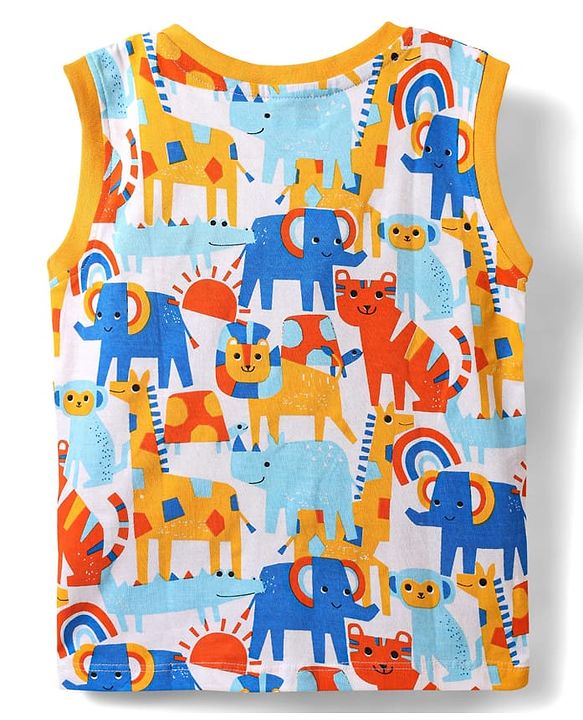 Babyhug Single Jersey Knit Sleeveless Tank T-Shirt & Shorts Set with Animal Print - Navy Blue & White