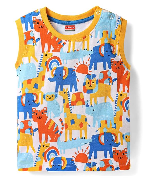 Babyhug Single Jersey Knit Sleeveless Tank T-Shirt & Shorts Set with Animal Print - Navy Blue & White