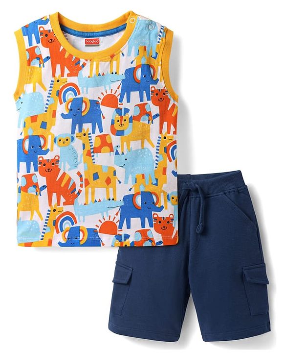 Babyhug Single Jersey Knit Sleeveless Tank T-Shirt & Shorts Set with Animal Print - Navy Blue & White