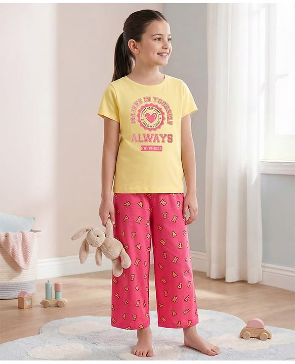 Pine Kids Cotton Knit Half Sleeves Capri Night Suit with Text Print - Yellow & Pink