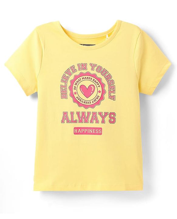 Pine Kids Cotton Knit Half Sleeves Capri Night Suit with Text Print - Yellow & Pink