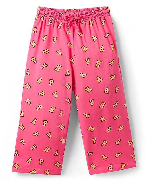 Pine Kids Cotton Knit Half Sleeves Capri Night Suit with Text Print - Yellow & Pink
