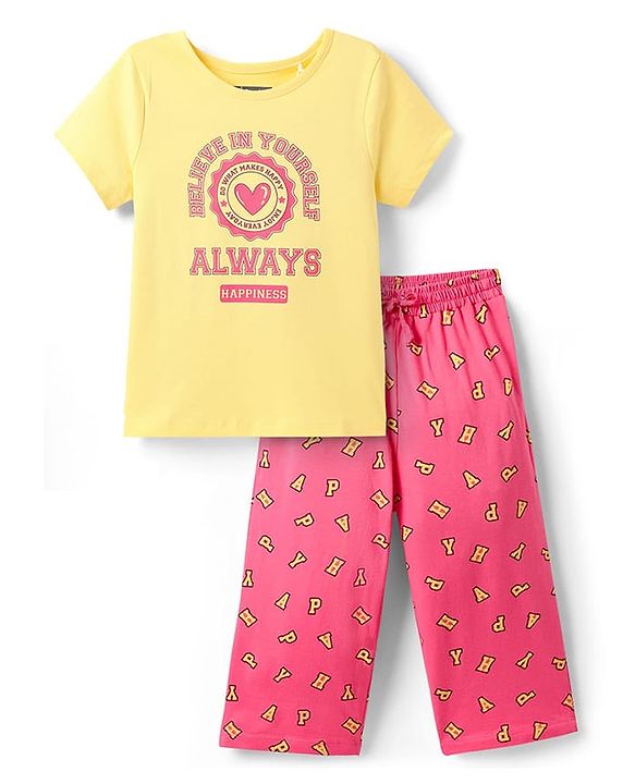 Pine Kids Cotton Knit Half Sleeves Capri Night Suit with Text Print - Yellow & Pink