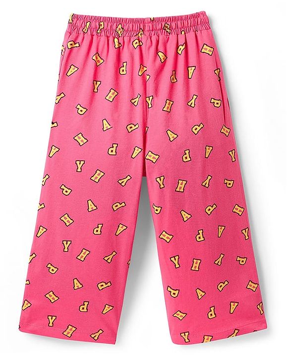 Pine Kids Cotton Knit Half Sleeves Capri Night Suit with Text Print - Yellow & Pink