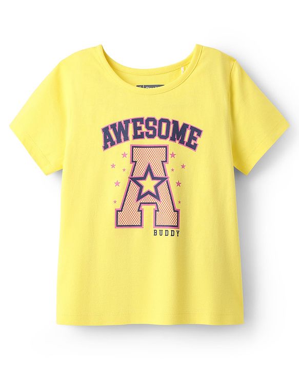 Pine Kids Cotton Knit Half Sleeves Capri Night Suit With Awesome & Star Print - Light Yellow