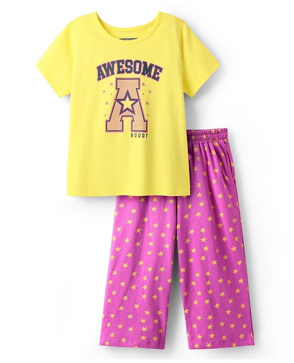 Pine Kids Cotton Knit Half Sleeves Capri Night Suit With Awesome & Star Print - Light Yellow