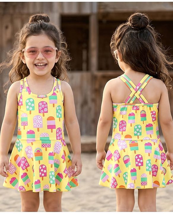 Babyhug Water Repellant Sleeveless Frock Swimsuit With Popsicle Print - Yellow