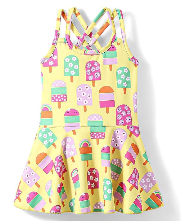 Babyhug Water Repellant Sleeveless Frock Swimsuit With Popsicle Print - Yellow