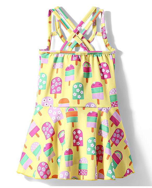 Babyhug Water Repellant Sleeveless Frock Swimsuit With Popsicle Print - Yellow
