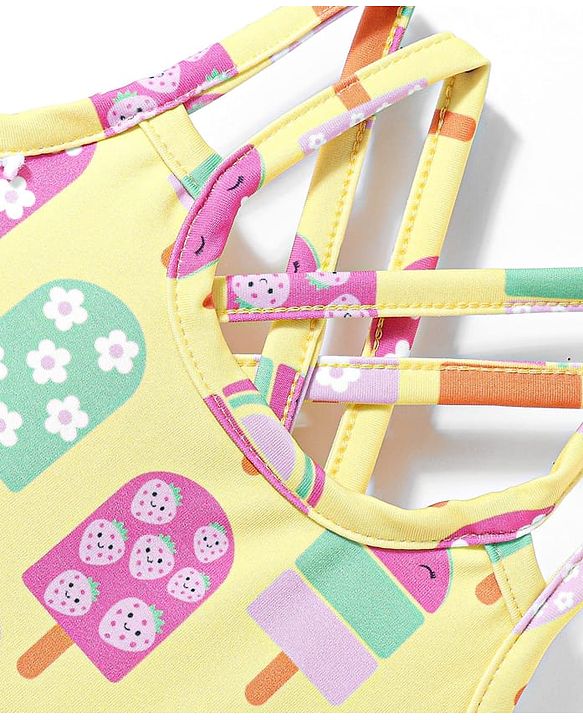 Babyhug Water Repellant Sleeveless Frock Swimsuit With Popsicle Print - Yellow