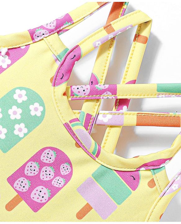 Babyhug Water Repellant Sleeveless Frock Swimsuit With Popsicle Print - Yellow