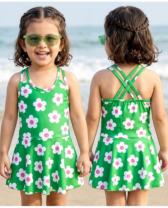 Babyhug Water Repellant Frock Swimsuit With Floral Print - Green
