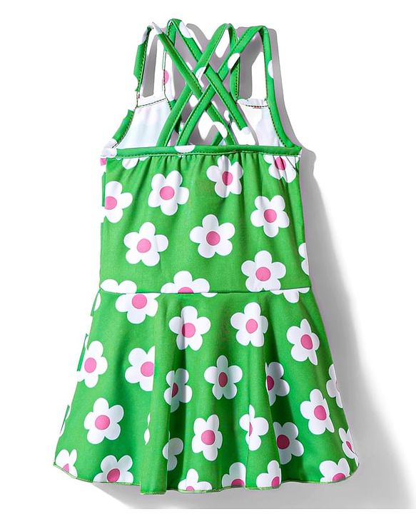 Babyhug Water Repellant Frock Swimsuit With Floral Print - Green
